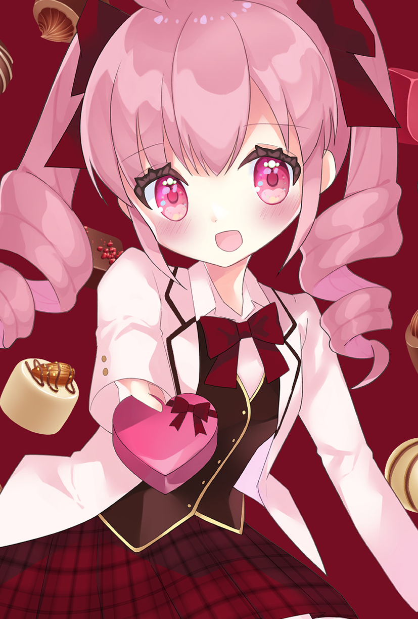 1girl bow bowtie brown_background brown_vest checkered checkered_skirt chocolate collared_shirt drill_hair eyebrows_visible_through_hair gift hair_bow highres holding holding_gift looking_at_viewer open_mouth original otogino_aria_(artist) otogino_aria_(vtuber) pink_eyes pink_hair red_neckwear red_skirt shirt simple_background skirt standing twin_drills twintails valentine vest virtual_youtuber white_shirt