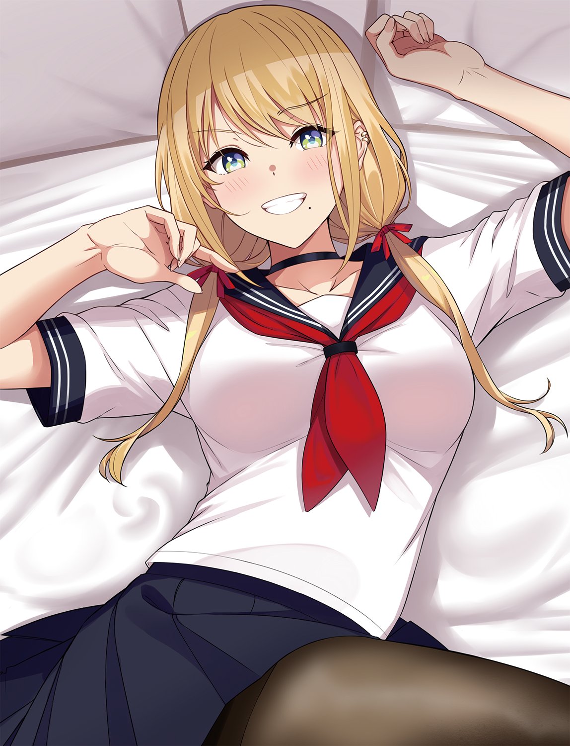 1girl :d arms_up bed_sheet black_choker black_skirt blonde_hair breasts brown_legwear choker collarbone ear_piercing green_eyes grin hair_over_shoulder hair_ribbon highres long_hair looking_at_viewer low_twintails lying medium_breasts miniskirt mole mole_under_mouth neckerchief on_back on_bed open_mouth original pantyhose piercing pillow pleated_skirt ribbon sailor_collar school_uniform serafuku shirt short_sleeves sidelocks skirt smile solo sukebewe thighband_pantyhose twintails white_shirt