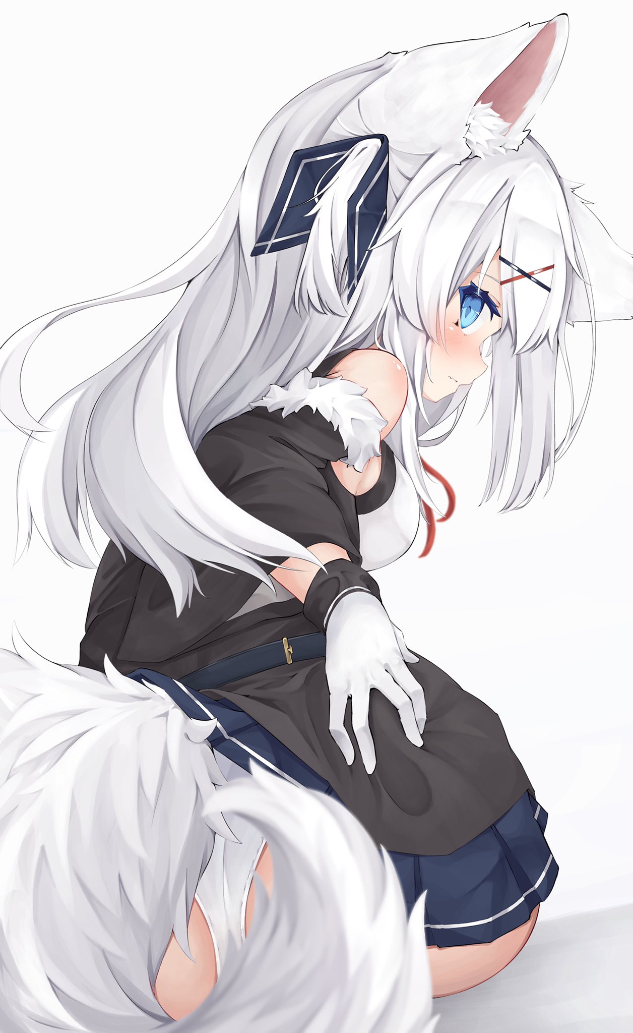 1girl animal_ear_fluff animal_ears ass bangs bare_shoulders black_shirt blue_eyes blue_skirt blush breasts commentary_request detached_sleeves fur-trimmed_sleeves fur_trim gloves hair_ornament highres konotuki long_hair long_sleeves looking_at_viewer looking_back medium_breasts one_side_up original panties shirt skirt solo tail underwear white_gloves white_hair white_panties wide_sleeves x_hair_ornament