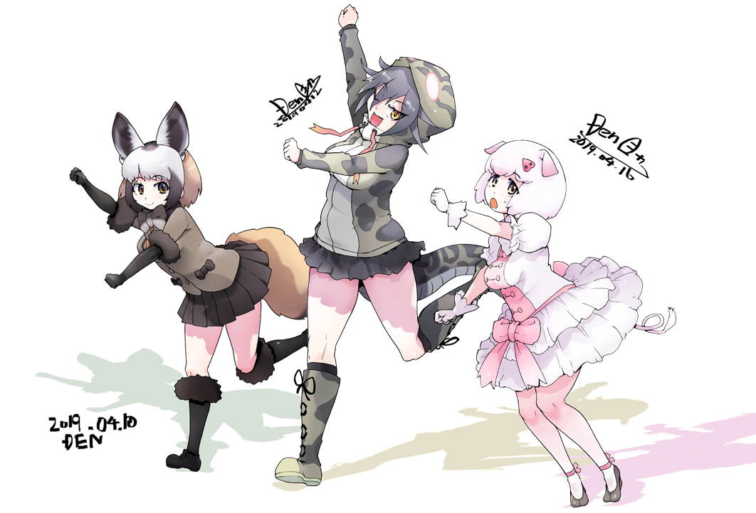 3girls animal_ears artist_name bangs bat-eared_fox_(kemono_friends) black_hair boots bow brown_eyes brown_hair closed_mouth dancing dated den_(zeroshiki) drawstring dress elbow_gloves eyebrows_visible_through_hair eyes_visible_through_hair fangs fox_ears fox_girl full_body fur-trimmed_sleeves fur_trim gloves grey_hair habu_(kemono_friends) hair_ornament hood hood_up hooded_jacket jacket kemono_friends long_sleeves looking_at_viewer medium_hair microskirt multiple_girls one_eye_closed open_mouth outstretched_arms pantyhose pig_(kemono_friends) pig_ears pig_girl pig_tail pink_hair puffy_short_sleeves puffy_sleeves shoes short_sleeves simple_background skirt smile snake_tail tail white_background yellow_eyes