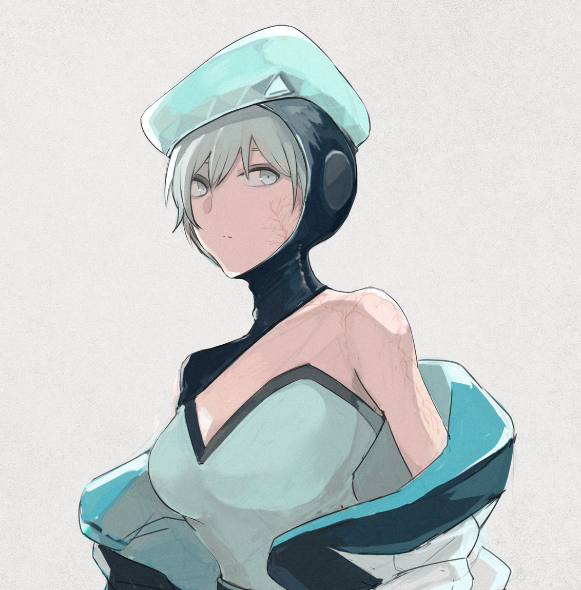 1girl apex_legends beret black_headwear blue_eyes blue_hair blue_headwear breasts hat hood jacket looking_to_the_side medium_breasts removing_jacket scar scar_on_arm scar_on_cheek scar_on_face solo stack_(sack_b7) upper_body wattson_(apex_legends) white_jacket