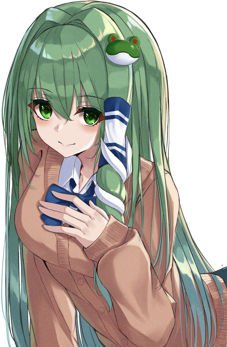 1girl bangs bent_over blue_bow blue_neckwear blush bow bowtie brown_sweater closed_mouth commentary_request eyebrows_visible_through_hair frog_hair_ornament green_eyes green_hair green_skirt hair_between_eyes hair_intakes hair_ornament hair_tubes hand_on_own_chest hand_up highres kochiya_sanae kure:kuroha long_hair looking_at_viewer simple_background skirt smile snake_hair_ornament solo sweater touhou upper_body very_long_hair white_background wing_collar
