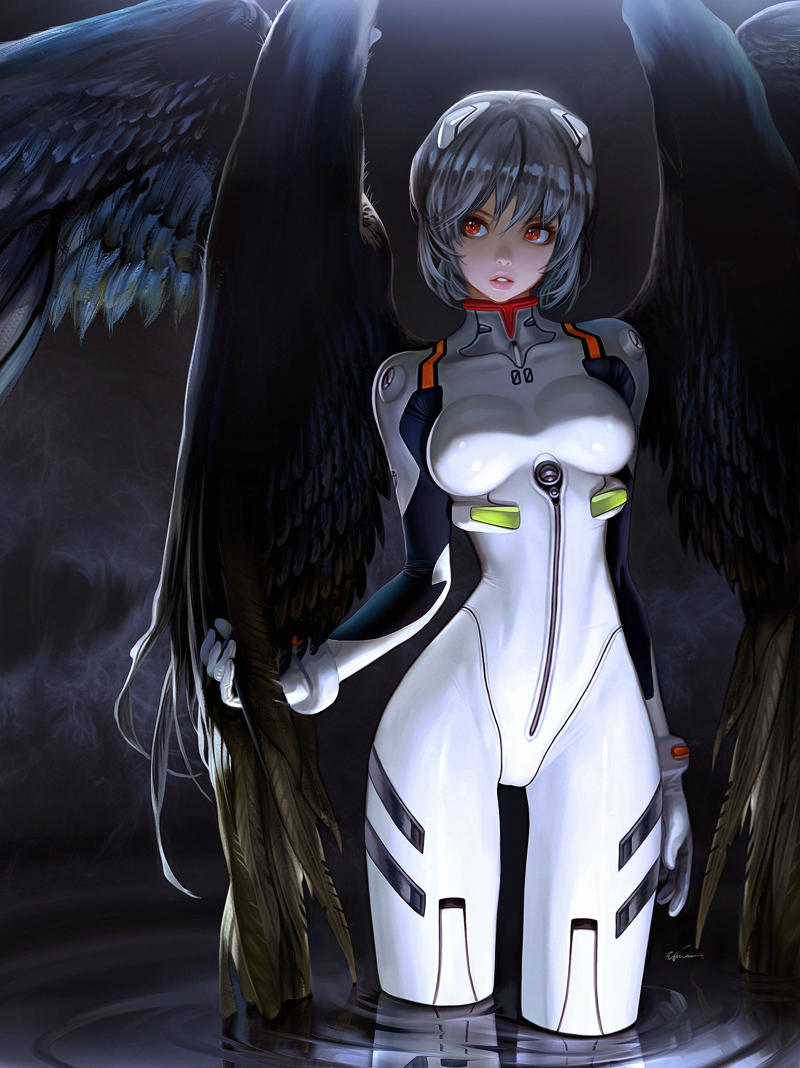 1girl ayanami_rei bangs blue_hair bodysuit breasts etama_quomo medium_breasts neon_genesis_evangelion parted_lips partially_submerged red_eyes reflection ripples short_hair solo white_bodysuit wings