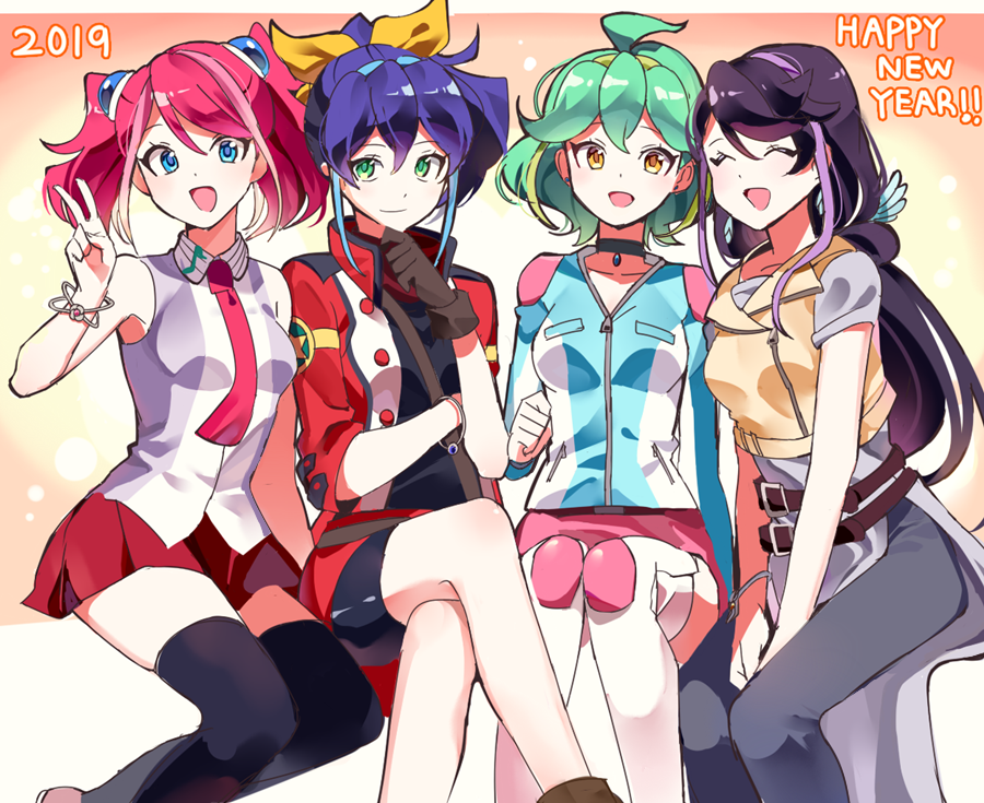 4girls ^o^ blue_eyes bracelet bracelet_girls choker closed_mouth exposed_shoulders green_eyes happy_new_year hiiragi_yuzu jacket joman kurosaki_ruri multiple_belts multiple_girls open_mouth orange_eyes rin_(yuu-gi-ou_arc-v) serena_(yuu-gi-ou_arc-v) smile uniform yellow_bow yuu-gi-ou zettai_ryouiki