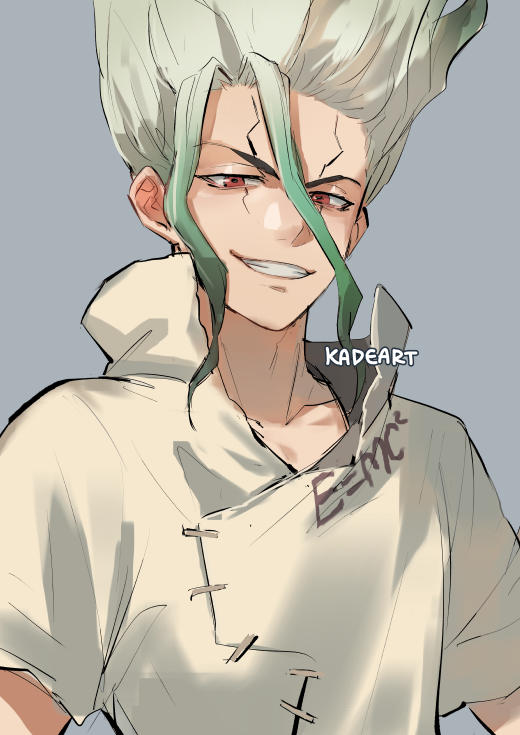 1boy artist_name big_hair brown_eyes dr._stone facial_mark gradient_hair green_hair grey_background grin hair_between_eyes ishigami_senkuu kadeart looking_at_viewer male_focus multicolored_hair popped_collar short_sleeves simple_background smile solo upper_body