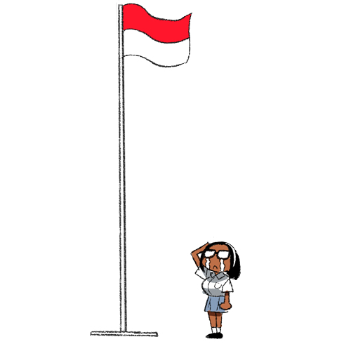 1girl arung_samudra_(cessa) black_footwear black_hair breast_pocket cessa collared_shirt dark_skin dark-skinned_female english_commentary glasses indonesian_flag lowres ombok_diving_and_delivery_services pocket salute shirt shoes short_sleeves simple_background solo standing tears white_background white_shirt