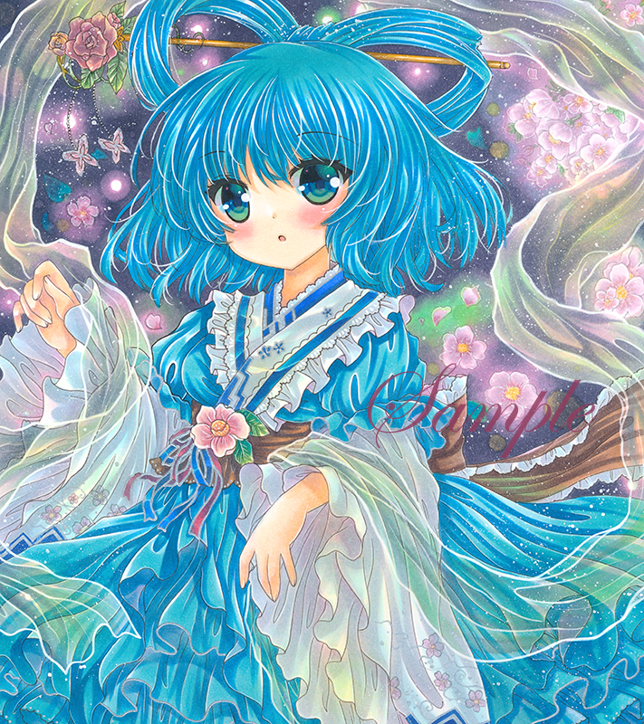 1girl :o adapted_costume bangs blue_dress blue_eyes blue_hair blush breasts commentary_request cowboy_shot dress embellished_costume eyebrows_visible_through_hair floral_background floral_print flower flower_request frills hagoromo hair_ornament hair_rings hair_stick hand_up kaku_seiga looking_at_viewer marker_(medium) medium_breasts open_mouth pink_flower pink_rose puffy_short_sleeves puffy_sleeves rose rui_(sugar3) sample see-through shawl short_hair short_sleeves solo standing touhou traditional_media wide_sleeves