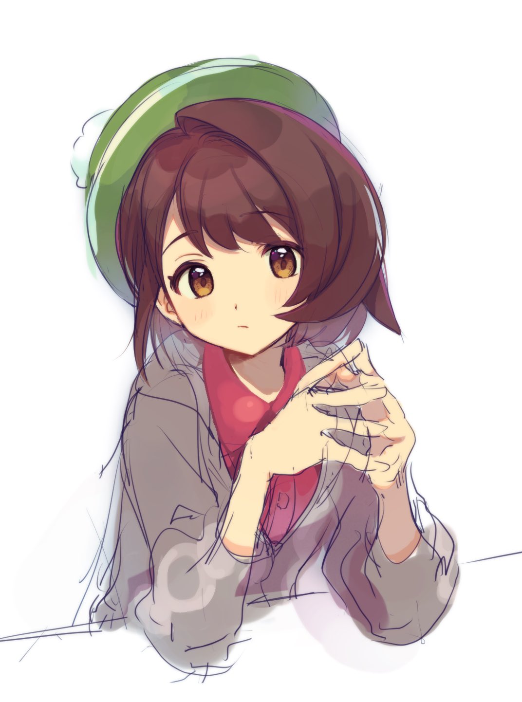 1girl bangs blush bob_cut brown_eyes brown_hair buttons cardigan closed_mouth collared_dress commentary_request dress gloria_(pokemon) green_headwear grey_cardigan hands_together hands_up hat highres looking_at_viewer pink_dress pokemon pokemon_(game) pokemon_swsh short_hair sketch solo tam_o'_shanter upper_body yamunashi