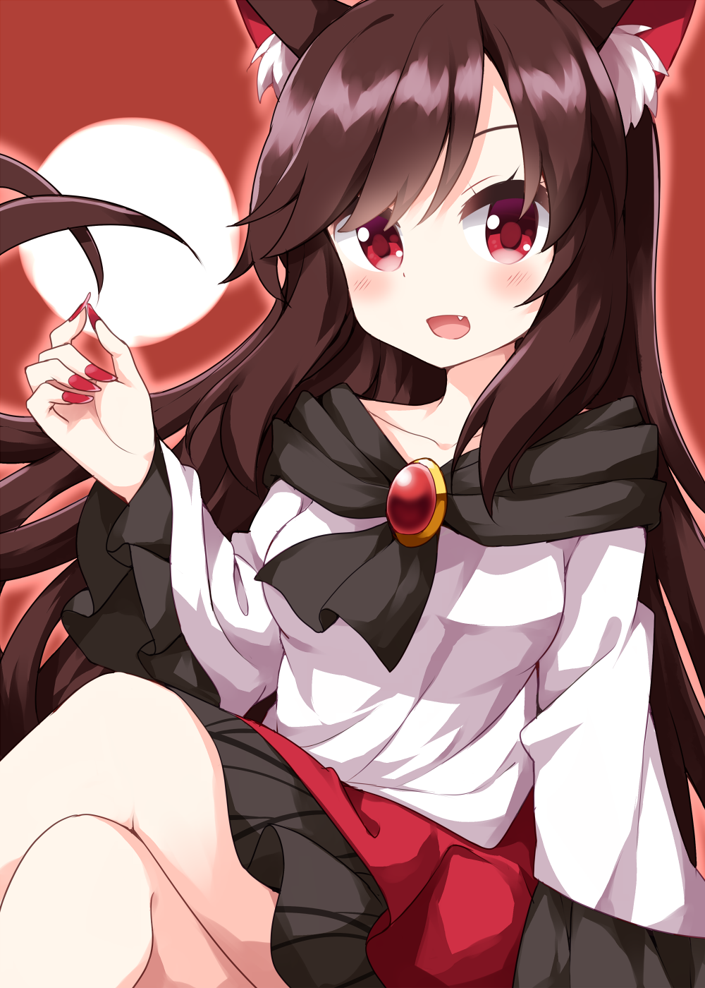 1girl :d animal_ear_fluff animal_ears bangs brooch brown_background brown_hair crossed_legs dress fang fingernails full_moon highres imaizumi_kagerou jewelry long_fingernails long_hair long_sleeves looking_at_viewer moon multicolored multicolored_clothes multicolored_dress open_mouth red_background red_dress red_eyes red_nails ruu_(tksymkw) sitting smile solo touhou two-tone_dress white_dress wide_sleeves wolf_ears