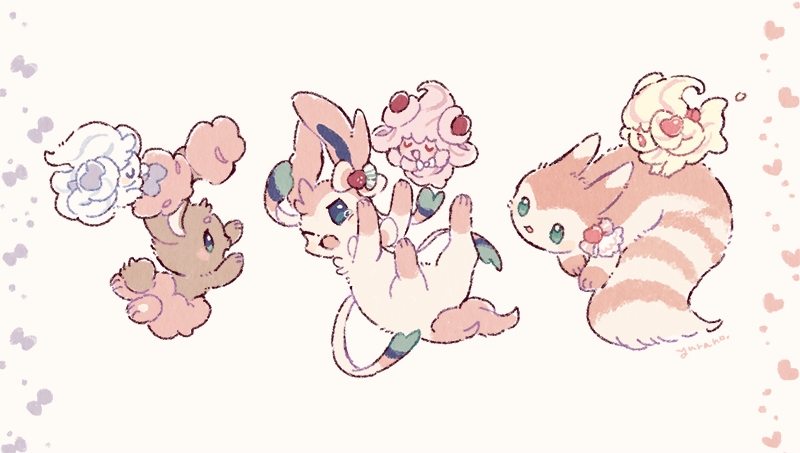 alcremie blush buneary closed_eyes commentary_request food fruit furret gen_2_pokemon gen_4_pokemon gen_6_pokemon gen_8_pokemon green_eyes looking_at_another no_humans one_eye_closed open_mouth paws pokemon pokemon_(creature) smile strawberry sylveon tearing_up toes yurano_(upao) |d