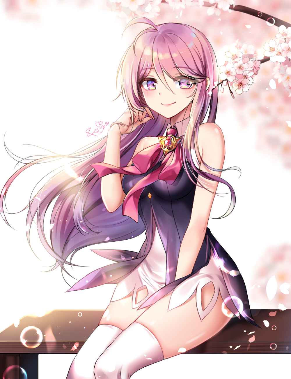 1girl aisha_landar antenna_hair bare_arms bare_shoulders bench between_legs blurry blurry_background blush bow breasts closed_mouth collared_dress commentary depth_of_field dress elsword eyes_visible_through_hair feet_out_of_frame flower hair_over_one_eye hand_between_legs hand_up highres medium_breasts on_bench pink_bow purple_hair signature sitting sleeveless sleeveless_dress smile solo thigh-highs tree_branch violet_eyes white_dress white_flower white_legwear xes_(xes_5377)