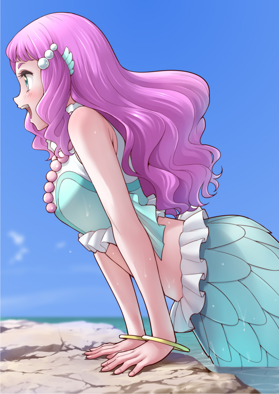 1girl aqua_eyes blue_sky bracelet clouds commentary_request day head_fins highres jewelry laura_(precure) long_hair looking_away mermaid midriff monster_girl ocean ogry_ching open_mouth outdoors partially_submerged pink_hair precure profile sky solo tropical-rouge!_precure water wet