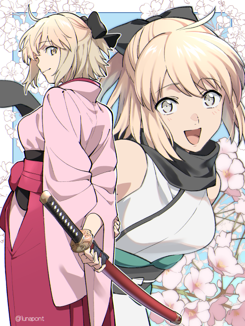 1girl ahoge arms_behind_back back bare_shoulders black_bow black_scarf blonde_hair blush bow breasts cherry_blossoms closed_mouth commentary eyebrows_visible_through_hair fate/grand_order fate_(series) flower grey_eyes hair_between_eyes hair_bow hakama holding holding_sword holding_weapon japanese_clothes katana kimono koha-ace long_sleeves looking_at_viewer lunapont medium_breasts obi okita_souji_(fate) okita_souji_(fate)_(all) open_mouth pink_flower pink_hakama pink_kimono sash scarf sheath sheathed short_hair smile solo sword symbol_commentary twitter_username weapon wide_sleeves