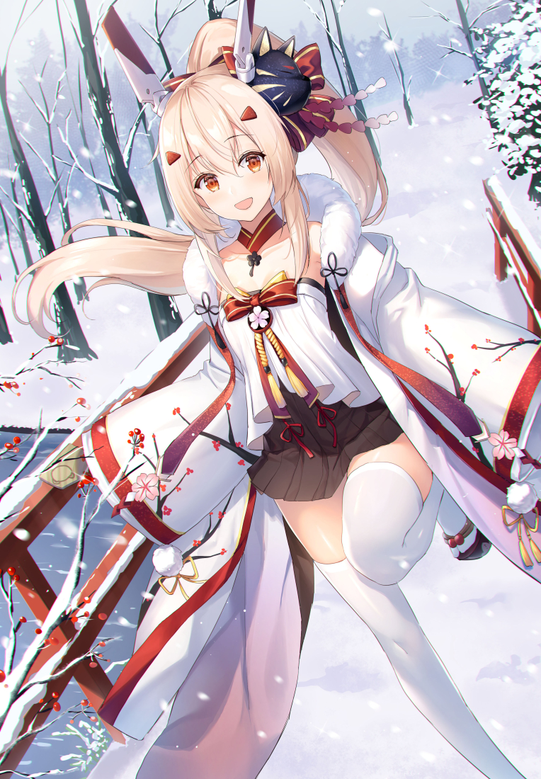 1girl :d ayanami_(azur_lane) ayanami_(pulse_of_the_new_year)_(azur_lane) azur_lane bangs black_skirt bow chuu_ling collarbone commentary_request detached_collar eyebrows_visible_through_hair fox fur_collar fur_trim hair_bow hair_ornament hair_ribbon hairclip headgear long_hair looking_at_viewer mask mask_on_head off_shoulder open_mouth orange_eyes platinum_blonde_hair pleated_skirt ponytail retrofit_(azur_lane) ribbon sidelocks skirt smile snow snowing solo standing standing_on_one_leg thigh-highs tree tree_branch white_legwear wide_sleeves zettai_ryouiki