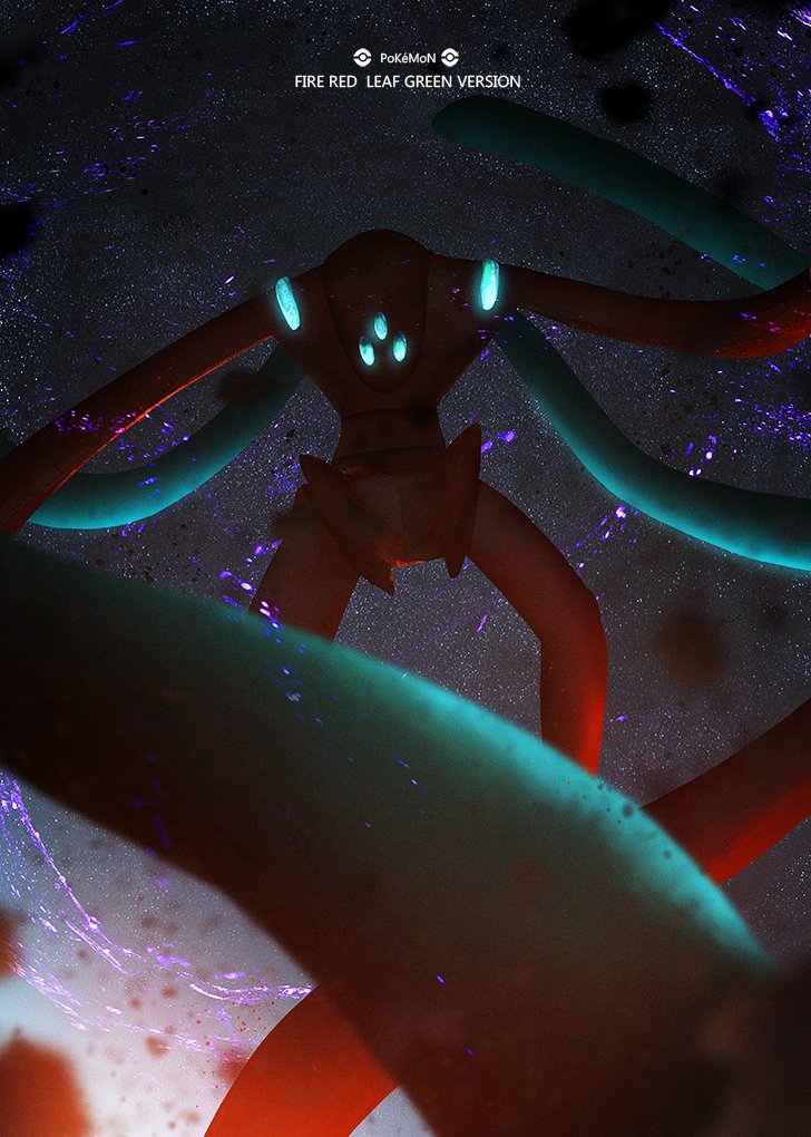 blurry blurry_foreground commentary copyright_name deoxys deoxys_(defense) from_behind gen_3_pokemon glowing mythical_pokemon no_humans otsumami_(bu-bu-heaven) poke_ball_symbol pokemon pokemon_(creature) solo