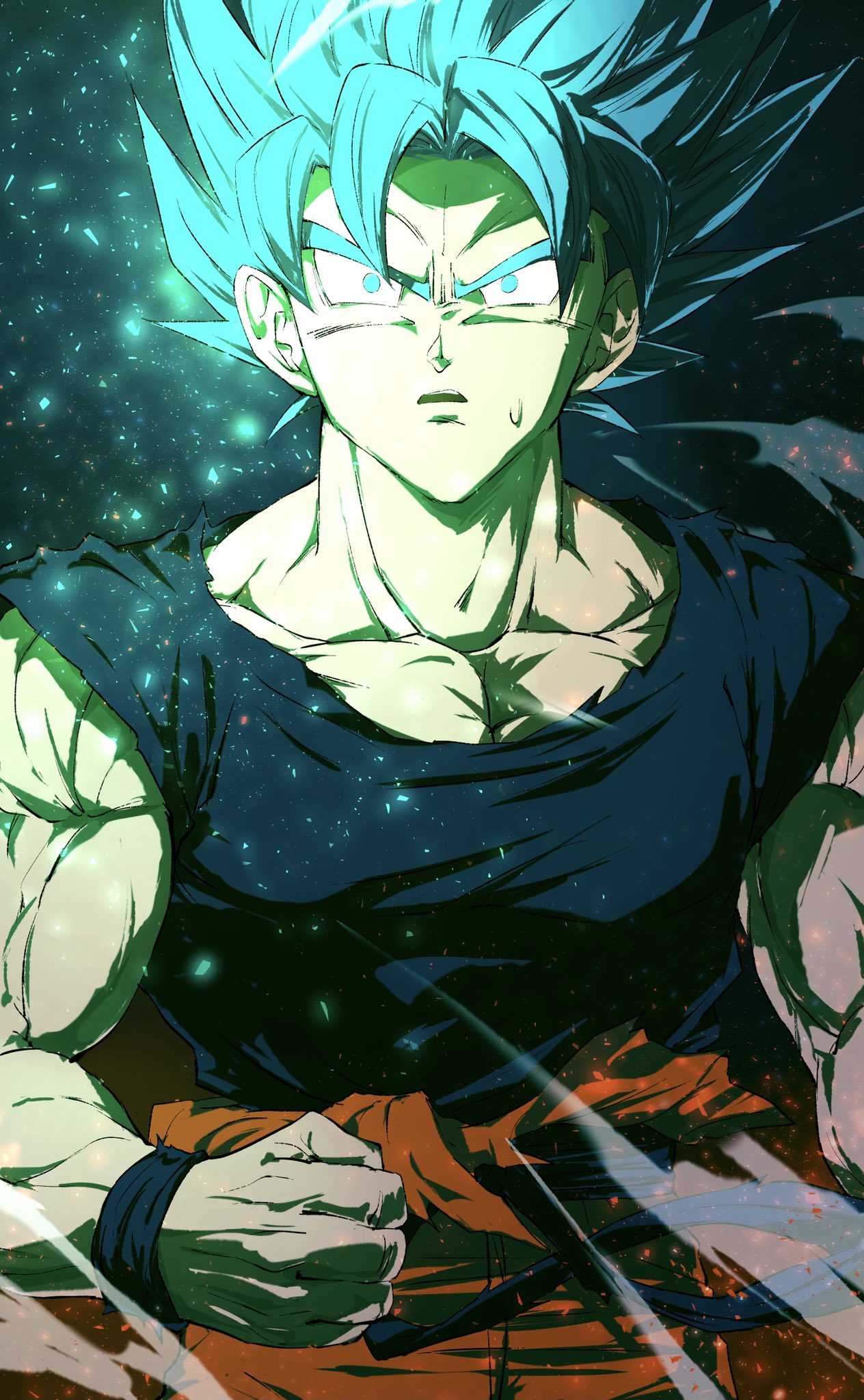 1boy awestruck bare_arms blue_eyes blue_hair blue_shirt clenched_hand commentary_request copyright_request dragon_ball highres light_particles male_focus mirukutei00 muscular muscular_male no_pupils orange_pants sash shirt solo son_goku spiky_hair super_saiyan super_saiyan_blue sweatdrop torn_clothes torn_shirt upper_body wristband
