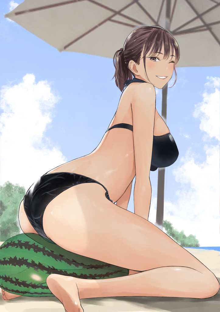 1girl arm_support arms_between_legs ass back ball bangs barefoot beach beach_umbrella beachball bikini black_bikini blush breasts brown_hair day feet grin looking_at_viewer on_ground one_eye_closed original outdoors ponytail shade shida_(ddfd) side-tie_bikini sidelocks sitting sitting_on_object smile soles solo straddling swimsuit transparent umbrella watermelon_beachball