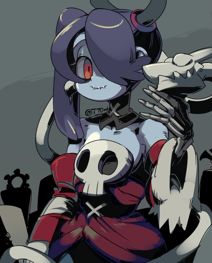 1girl 770mk blue_hair blue_skin closed_eyes colored_skin corset graveyard grey_background hair_over_one_eye leviathan_(skullgirls) long_hair neckwear one-eyed red_eyes skeletal_hand skullgirls smile squigly_(skullgirls) stitched_mouth stitches striped striped_sleeves zombie