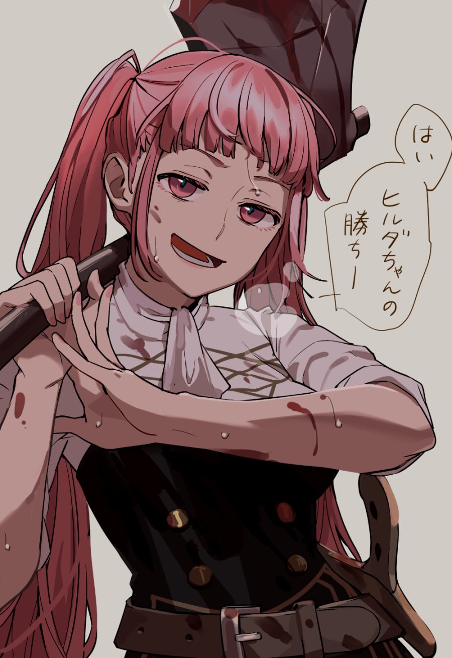 1girl ascot axe bangs battle_axe belt blood blood_on_face bloody_clothes blunt_bangs breasts breath commentary_request fire_emblem fire_emblem:_three_houses garreg_mach_monastery_uniform grey_background hand_up head_tilt highres hilda_valentine_goneril holding holding_axe holding_weapon large_breasts long_hair looking_at_viewer open_mouth over_shoulder pink_eyes pink_hair shishima_eichi sidelocks solo speech_bubble sweatdrop translation_request twintails weapon weapon_over_shoulder