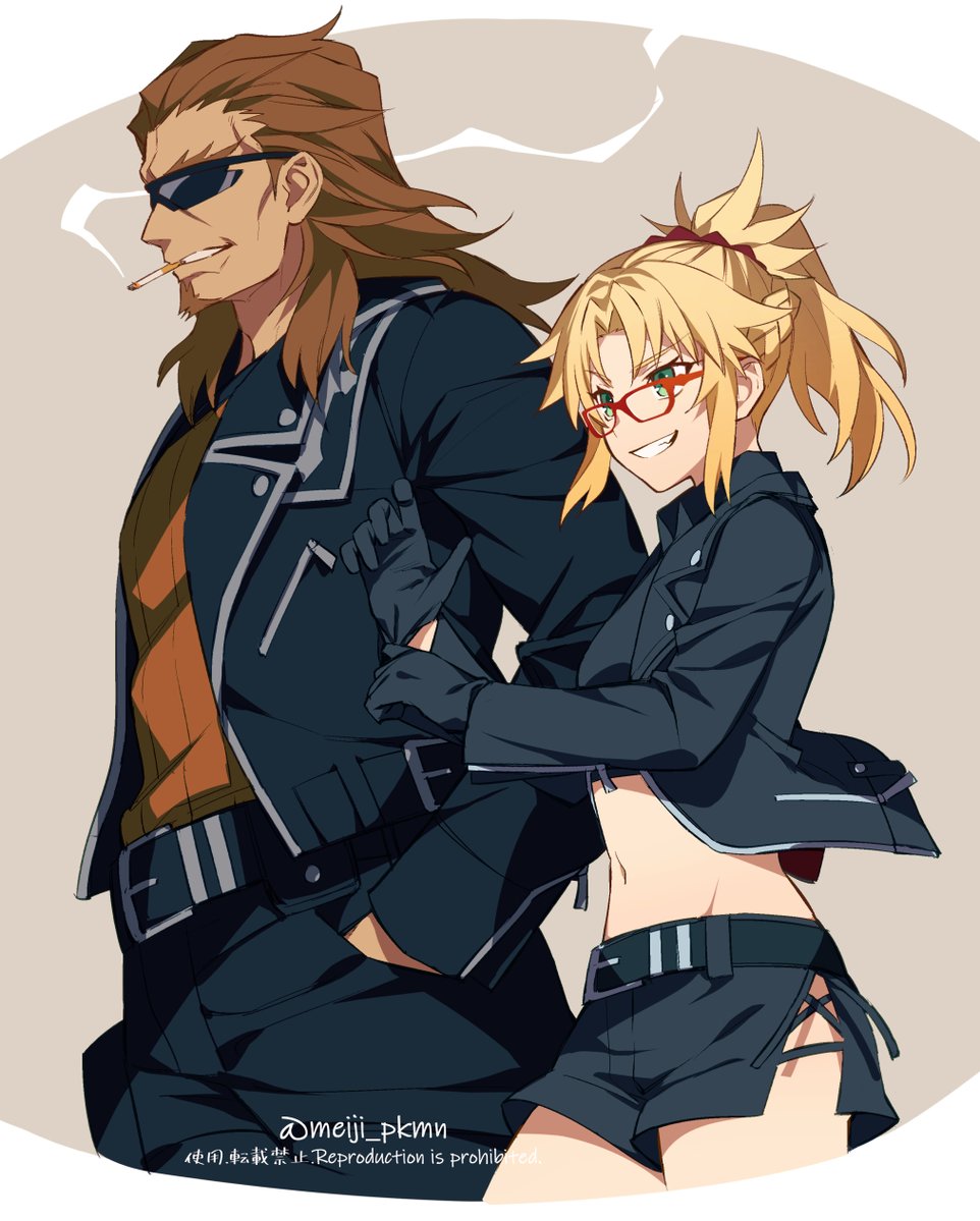 1boy 1girl artist_name bangs belt black_belt black_gloves black_jacket black_shorts blonde_hair braid breasts brown_hair cigarette commentary_request crop_top cropped_legs facial_hair fate/apocrypha fate_(series) glasses gloves goatee green_eyes grin hair_ornament hair_scrunchie jacket leather leather_jacket long_hair meiji_ken midriff mordred_(fate) mordred_(fate)_(all) navel open_clothes ponytail red-framed_eyewear red_scrunchie repost_notice scrunchie shirt shishigou_kairi shorts small_breasts smile smoking stomach sunglasses