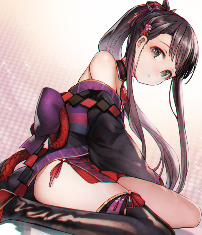 1girl :o asymmetrical_legwear bangs bare_shoulders black_hair black_legwear blunt_bangs blurry blurry_background flower furisode hair_flower hair_ornament halftone halftone_background idolmaster idolmaster_cinderella_girls idolmaster_cinderella_girls_starlight_stage japanese_clothes katase_yuu kimono kobayakawa_sae long_hair looking_at_viewer looking_to_the_side off_shoulder pelvic_curtain ponytail side_slit sitting solo sparkle thighs very_long_hair wariza