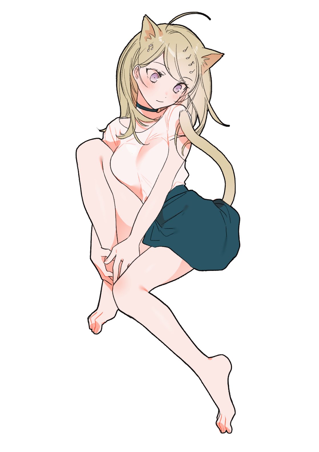 1girl ahoge akamatsu_kaede alternate_costume animal_ears bangs bare_arms barefoot black_choker black_skirt blonde_hair blush breasts cat_ears cat_girl cat_tail choker closed_mouth commentary_request dangan_ronpa_(series) dangan_ronpa_v3:_killing_harmony full_body hair_ornament highres knee_up long_hair looking_down medium_breasts miniskirt musical_note_hair_ornament shirt short_sleeves simple_background sitting skirt solo tail translation_request white_background white_shirt zang_li