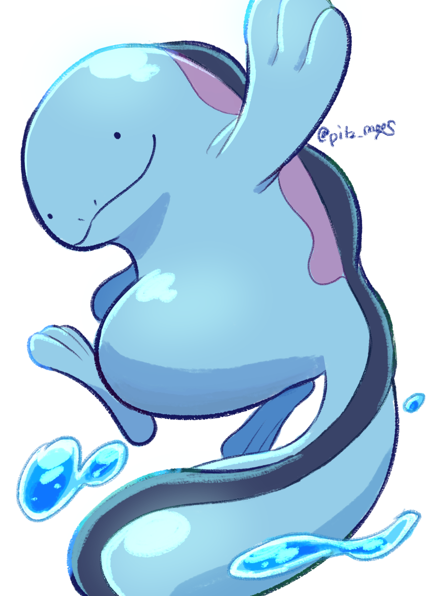 black_eyes closed_mouth commentary_request gen_2_pokemon highres koke_ojisan looking_at_viewer looking_back no_humans pokemon pokemon_(creature) quagsire simple_background smile solid_circle_eyes solo toes water water_drop white_background