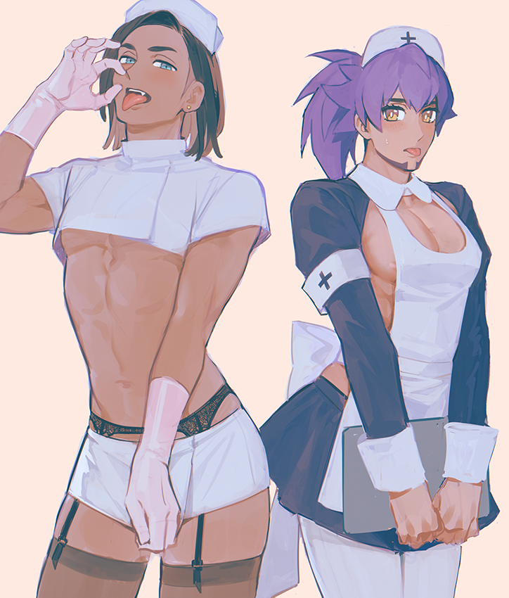 2boys abs alternate_costume alternate_hairstyle apron bangs black_hair blush clipboard commentary_request crop_top cropped_jacket crossdressinging dark_skin dark_skinned_male earrings facial_hair garter_straps gloves hand_up hands_together hat jewelry leon_(pokemon) long_hair long_sleeves looking_at_viewer male_focus mj_(11220318) multiple_boys navel nurse_cap open_mouth pantyhose pectorals pink_gloves pokemon pokemon_(game) pokemon_swsh ponytail purple_hair raihan_(pokemon) short_sleeves skirt teeth thigh-highs tongue tongue_out white_apron white_legwear white_skirt