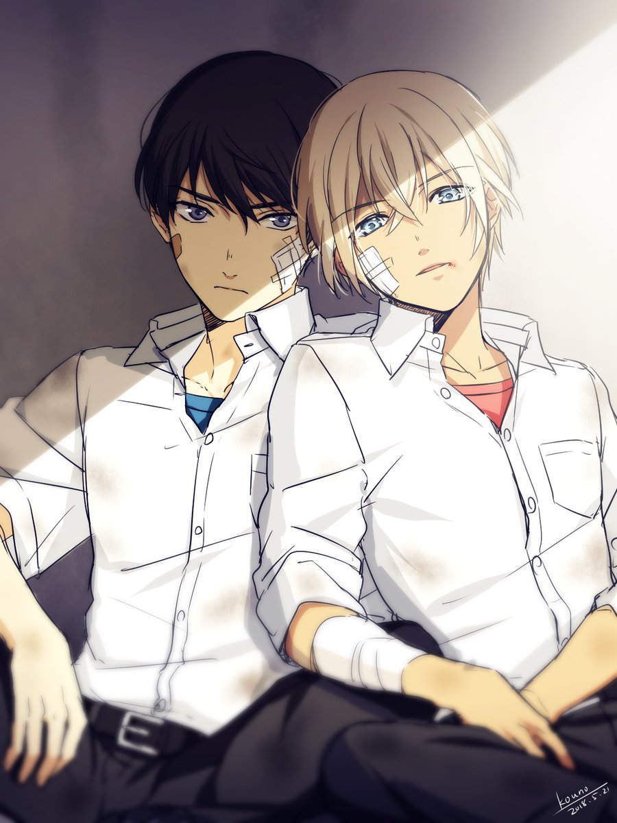 2boys against_wall amuro_tooru bandage_on_face bandaged_arm bandages bangs belt black_belt black_hair black_pants blonde_hair blue_eyes blurry buttons closed_mouth collarbone collared_shirt commentary_request dated depth_of_field dirty dirty_clothes dirty_face dress_shirt eyebrows_visible_through_hair hair_between_eyes highres kouno_kb looking_at_viewer male_focus meitantei_conan multiple_boys pants parted_lips school_uniform scotch_(meitantei_conan) serious shadow shirt shirt_tucked_in short_hair signature sleeves_rolled_up undershirt violet_eyes white_shirt younger