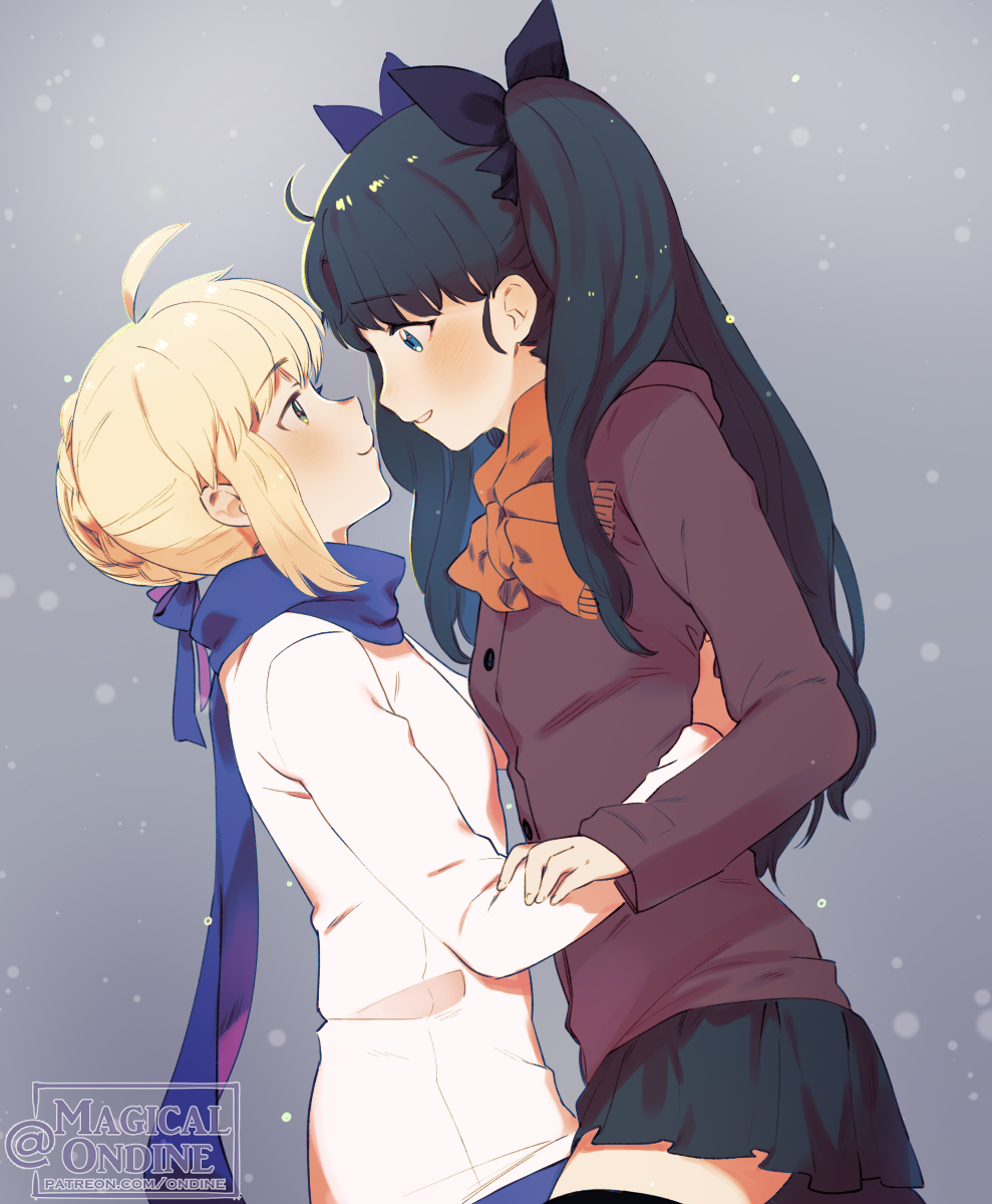 2girls ahoge artist_name artoria_pendragon_(fate) black_hair black_legwear black_skirt blonde_hair blue_eyes blue_ribbon blue_scarf blush buttons commentary english_commentary eye_contact face-to-face fate/stay_night fate_(series) from_side green_eyes grey_background grin hair_bun hair_ribbon highres long_sleeves looking_at_another multiple_girls paid_reward patreon_reward patreon_username pleated_skirt ribbon roarke_(lavenderincubus) saber scarf skirt smile snowing thigh-highs tohsaka_rin twintails web_address yuri