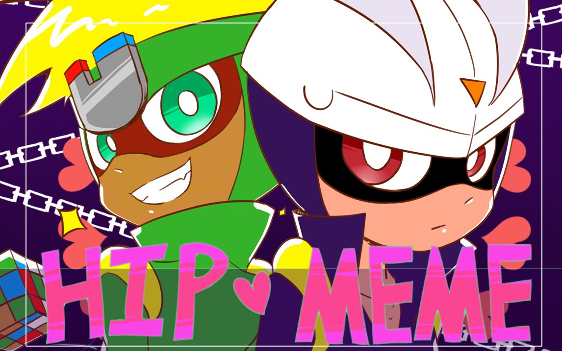 2boys blonde_hair careful_s gloves green_gloves green_headwear green_outfit happy_heroes mask multiple_boys purple_gloves purple_outfit smart_s white_headwear