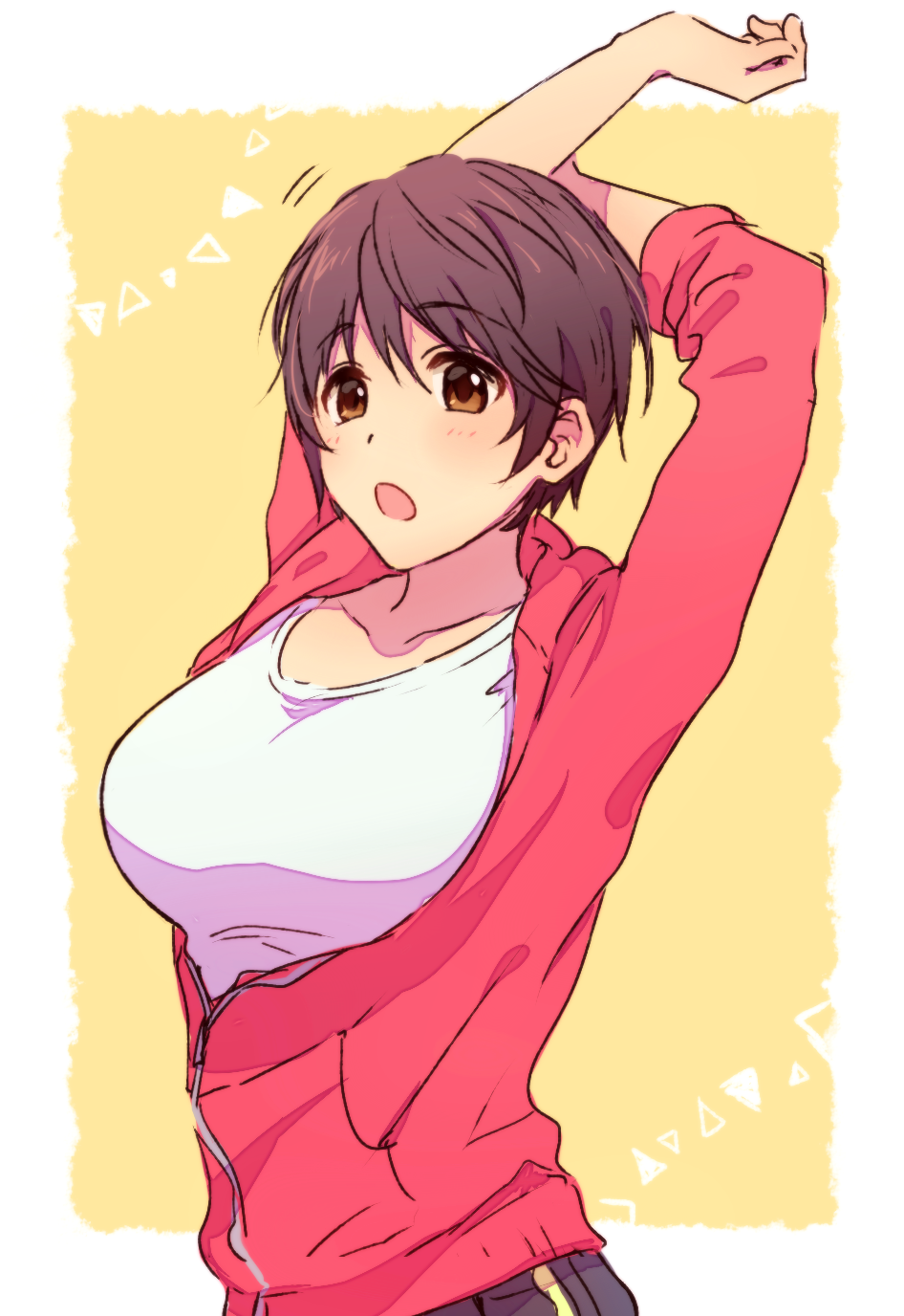 1girl :o arms_up bangs black_hair blush breasts collarbone cropped_legs eyebrows_visible_through_hair highres holding_own_arm idolmaster idolmaster_cinderella_girls jacket large_breasts looking_at_viewer oikawa_shizuku open_clothes open_jacket partially_unzipped red_jacket shirt shiyu_(hagiwara_shiyu) short_hair simple_background solo stretch triangle_print white_shirt yellow_background