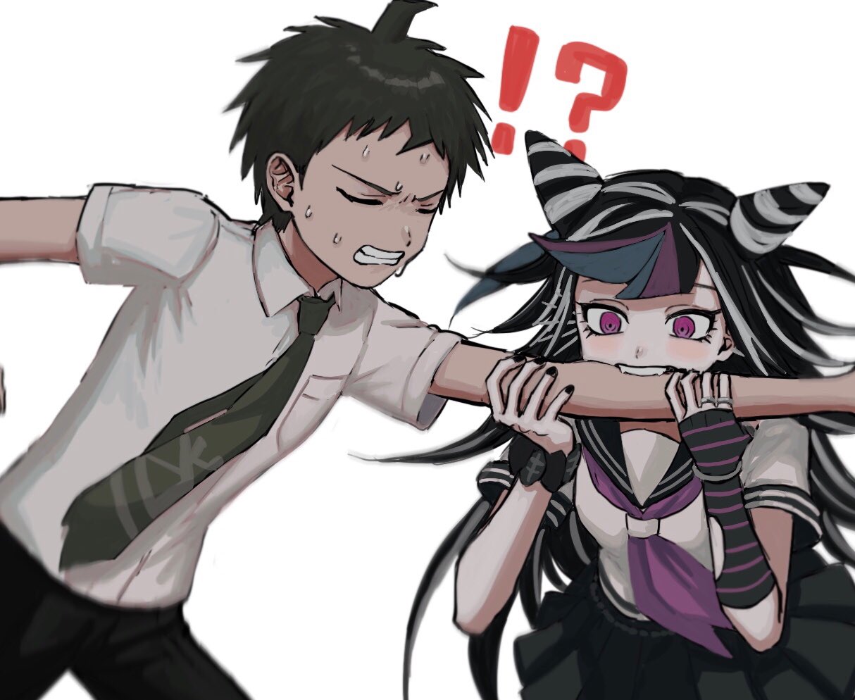 !? 1boy 1girl ahoge bangs biting black_hair black_nails black_pants black_skirt blue_hair brown_hair clenched_teeth closed_eyes collared_shirt dangan_ronpa_(series) dangan_ronpa_2:_goodbye_despair ear_piercing fangs gloves green_neckwear hair_horns hands_up hinata_hajime holding_another's_arm long_hair mioda_ibuki multicolored_hair necktie pants piercing pink_eyes pink_hair pleated_skirt renshu_usodayo sailor_collar school_uniform scrunchie serafuku shirt short_hair short_sleeves simple_background skirt striped striped_gloves sweat teeth white_background white_hair white_shirt wrist_scrunchie