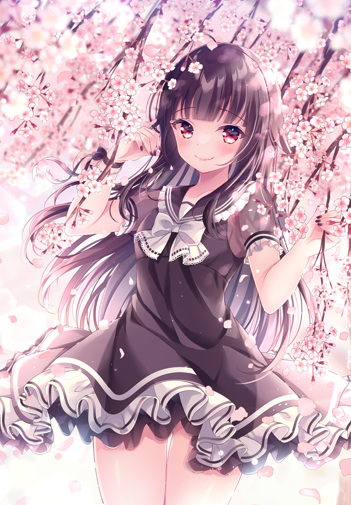 1girl bangs black_dress black_hair black_nails black_sailor_collar blush bow cherry_blossoms closed_mouth commentary_request dress eyebrows_visible_through_hair flower frilled_sailor_collar frills hands_up looking_at_viewer nail_polish nemuri_nemu original puffy_short_sleeves puffy_sleeves red_eyes sailor_collar sailor_dress see-through see-through_sleeves short_sleeves smile solo white_bow white_flower
