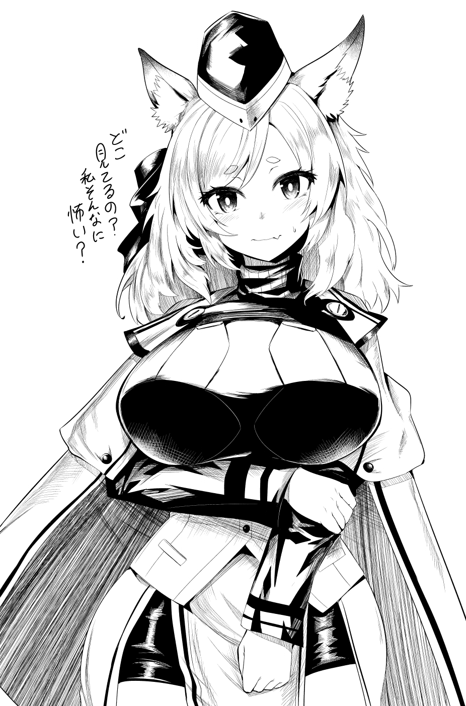 1girl animal_ears arknights breasts cape edobox fang hat highres holding_own_arm horse_ears large_breasts long_hair monochrome whislash_(arknights)