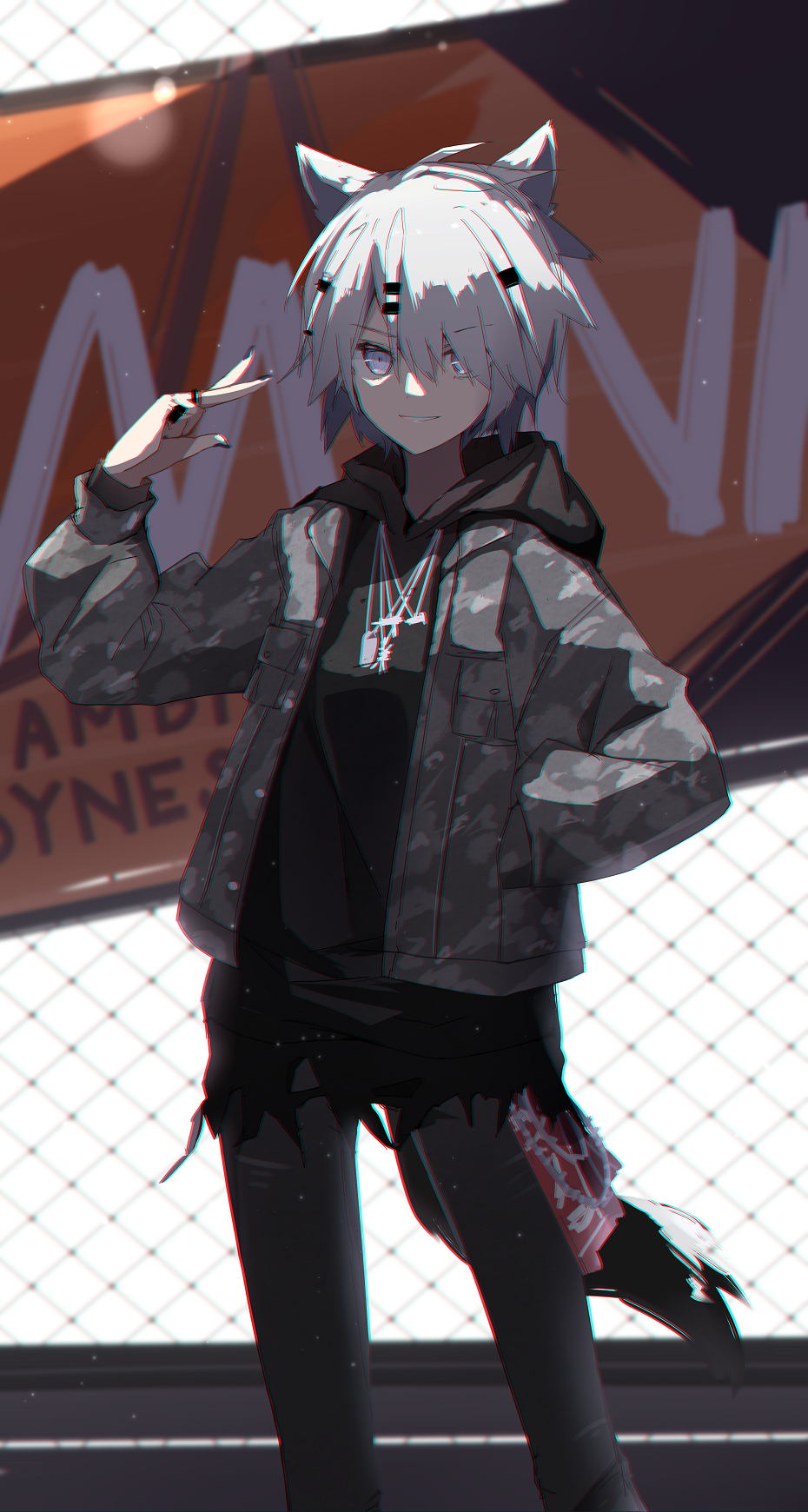1girl a.a_(aa772) animal_ears arknights bangs black_hoodie black_nails black_pants camouflage camouflage_jacket chain-link_fence chromatic_aberration commentary_request eyebrows_visible_through_hair feet_out_of_frame fence grey_jacket hair_ornament hair_over_one_eye hairclip hand_in_pocket hand_up highres hood hood_down hoodie jacket lappland_(ambience_synesthesia)_(arknights) lappland_(arknights) long_sleeves looking_at_viewer nail_polish official_alternate_costume open_clothes open_jacket pants parted_lips puffy_long_sleeves puffy_sleeves sign sleeves_past_wrists smile solo standing tail v violet_eyes white_hair