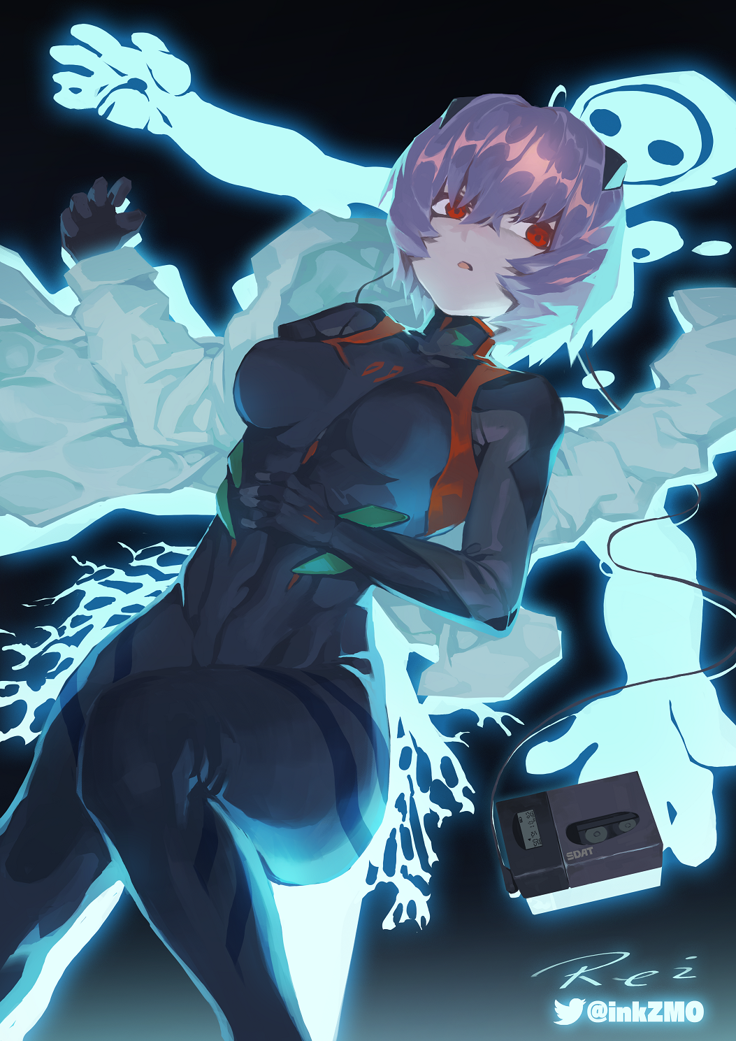 1girl ayanami_rei bangs black_background black_bodysuit black_gloves bodysuit breasts cable cassette_player commentary_request covered_collarbone covered_navel evangelion:_3.0_you_can_(not)_redo gloves glowing hair_between_eyes hairpods hand_on_own_stomach highres jacket looking_at_viewer lying medium_breasts neon_genesis_evangelion number on_back parted_lips plugsuit rebuild_of_evangelion red_eyes shiny shiny_hair short_hair silver_hair skin_tight solo twitter_username white_jacket zhoumo_fangjia