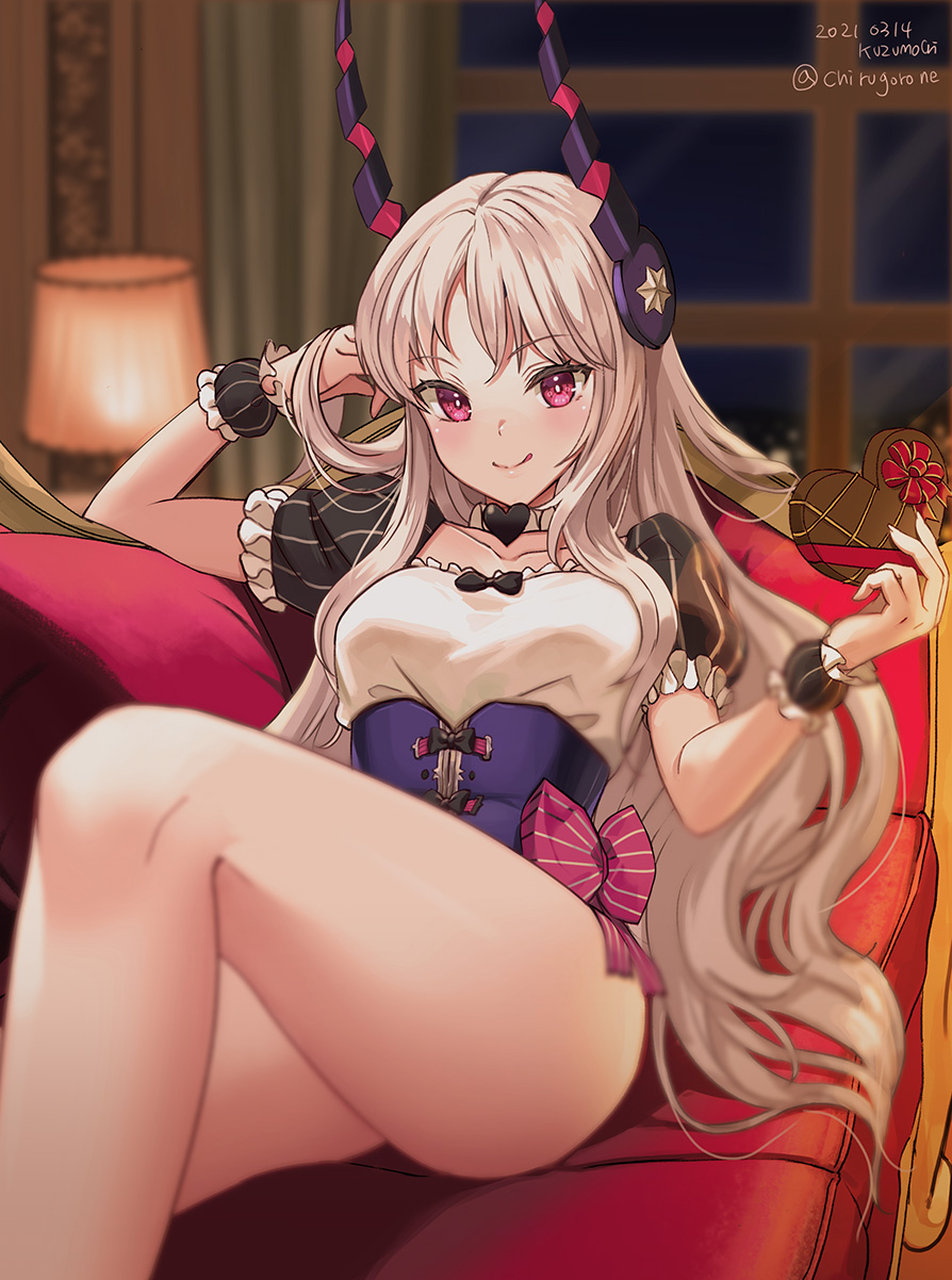 1girl blush bow box breasts caren_hortensia caren_hortensia_(amor_caren) collarbone couch dated fate/grand_order fate_(series) gift gift_box heart-shaped_box highres holding holding_gift horns kuzumochi_(kuzumochiya) lamp long_hair looking_at_viewer lying medium_breasts on_couch pink_bow silver_hair smile solo thighs twitter_username valentine violet_eyes wavy_hair window wrist_cuffs