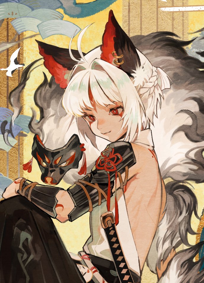 1boy animal_ear_fluff animal_ears antenna_hair arm_guards arm_tattoo back_tattoo bangs bare_back bird black_pants braid commentary ear_piercing facial_tattoo fox_ears fox_mask from_side hair_intakes hakama hakama_pants hakuzousu_(onmyoji) hand_on_own_knee hitodama japanese_clothes knee_up looking_down male_focus mask official_art onmyoji p-suke pants piercing red_eyes seigaiha short_hair short_ponytail smile solo tattoo upper_body vambraces white_hair yellow_background