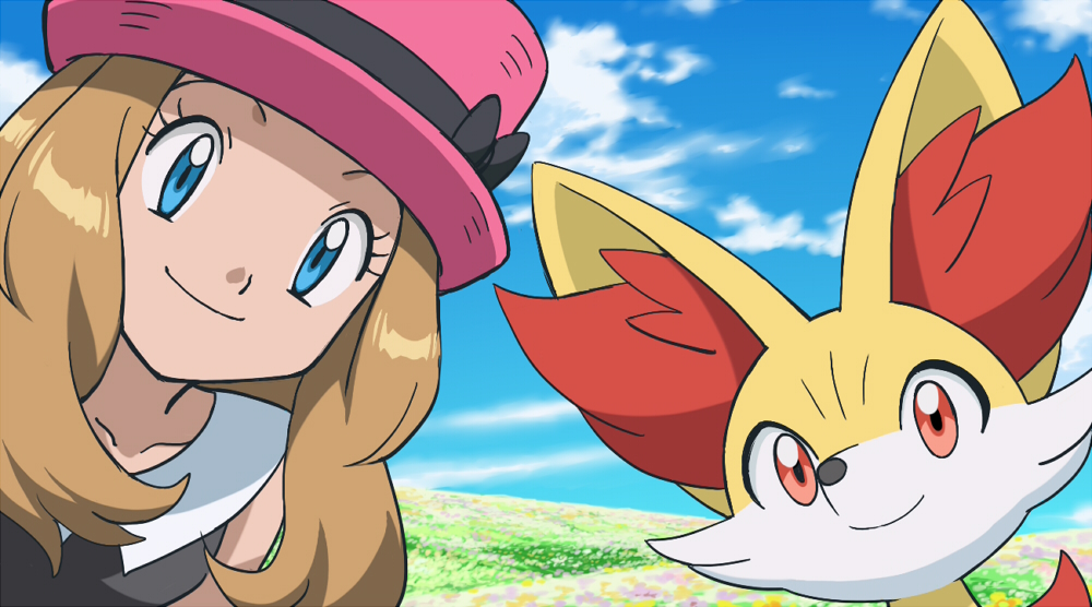 1girl black_ribbon blue_eyes closed_mouth clouds collarbone collared_shirt commentary_request day eyelashes fennekin gen_6_pokemon hat hat_ribbon light_brown_hair long_hair looking_at_viewer monoshiri_hakase official_style outdoors pink_headwear pokemon pokemon_(anime) pokemon_(creature) pokemon_xy_(anime) ribbon serena_(pokemon) shirt sky sleeveless smile starter_pokemon upper_body