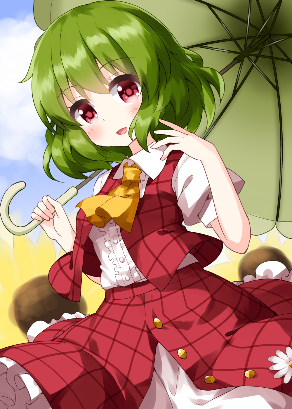 1girl :d ascot bangs blue_sky clouds collared_shirt cowboy_shot eyebrows_visible_through_hair flower green_hair green_umbrella highres holding holding_umbrella kazami_yuuka looking_at_viewer open_mouth plaid plaid_skirt plaid_vest puffy_short_sleeves puffy_sleeves red_eyes red_skirt red_vest ruu_(tksymkw) shirt short_hair short_sleeves skirt sky smile solo standing sunflower touhou umbrella vest white_flower white_shirt yellow_flower yellow_neckwear