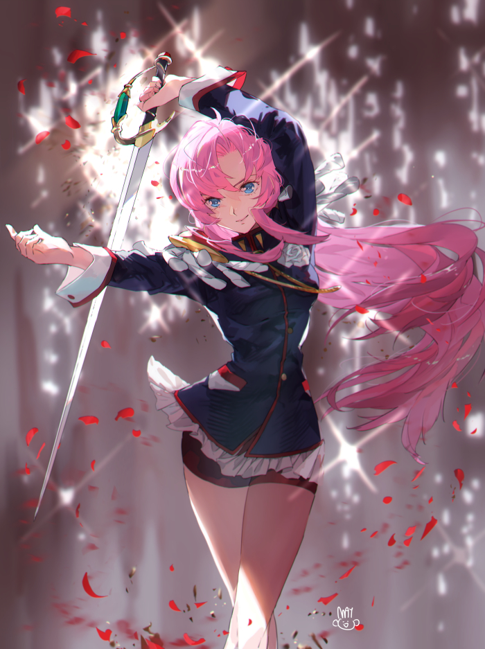 1girl aiguillette bike_shorts blue_eyes epaulettes falling_petals glowing long_hair long_sleeves looking_at_viewer mayo_(becky2006) petals petals_on_liquid pink_hair red_shorts shorts shoujo_kakumei_utena smile solo sword tenjou_utena weapon