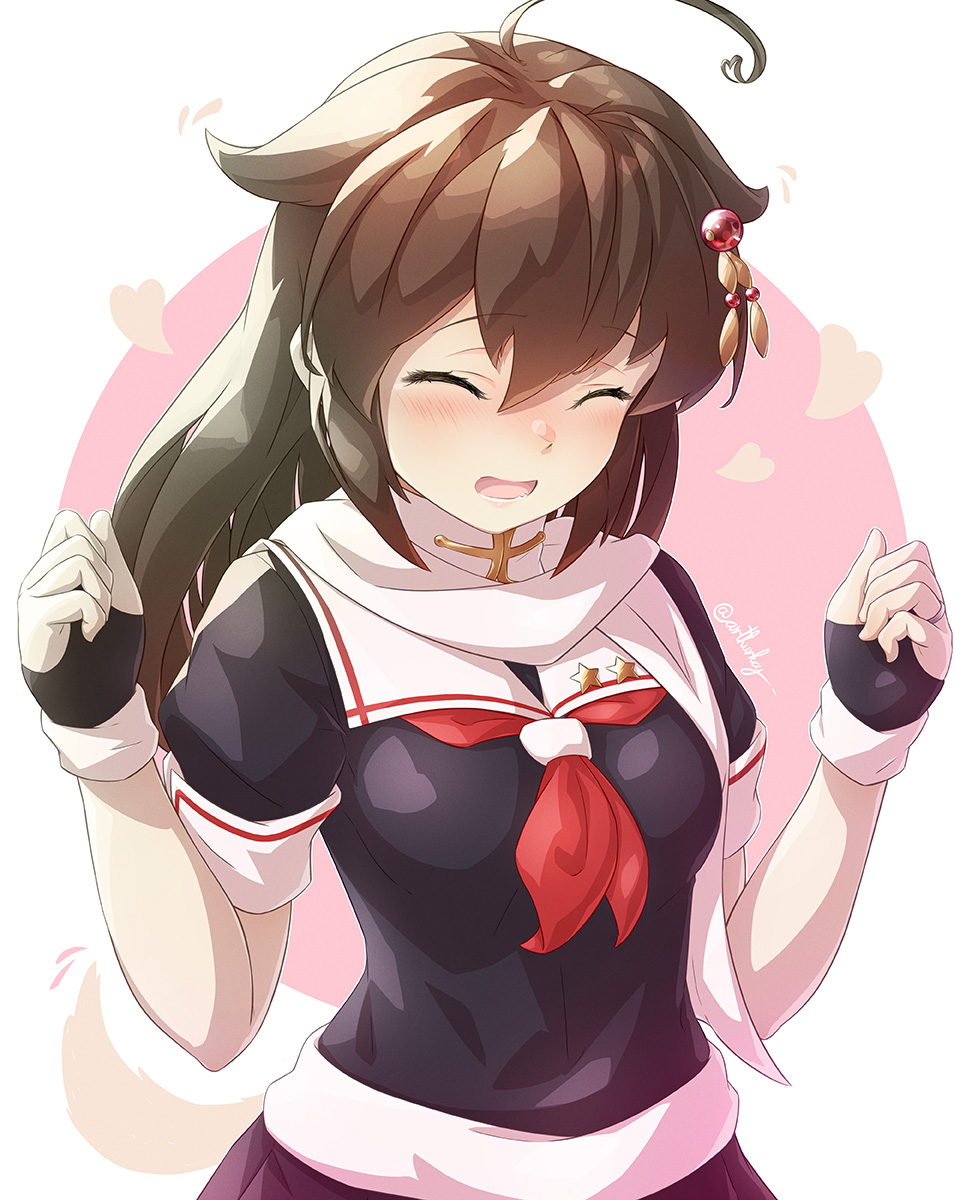 1girl ahoge arthur_ko black_gloves black_sailor_collar black_serafuku black_shirt black_skirt breasts brown_hair closed_eyes cosplay fingerless_gloves gloves hair_down hair_flaps hair_ornament highres kantai_collection long_hair neckerchief sailor_collar scarf school_uniform serafuku shigure_(kancolle) shirt short_sleeves skirt small_breasts solo white_scarf yuudachi_(kancolle) yuudachi_(kancolle)_(cosplay)