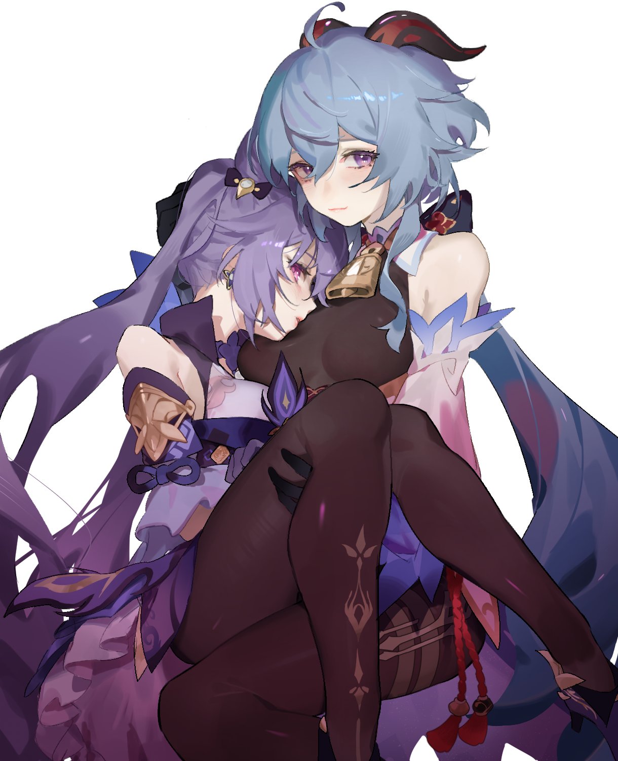 2girls ahoge bell blue_hair bodysuit breasts brown_legwear cowbell detached_sleeves ganyu_(genshin_impact) genshin_impact gloves goat_horns hair_between_eyes highres horns keqing_(genshin_impact) legs long_hair looking_at_viewer medium_breasts multiple_girls pantyhose pink_eyes purple_gloves purple_hair ryein simple_background twintails violet_eyes white_background yuri