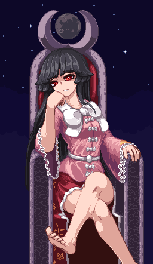 1girl bangs barefoot black_hair blunt_bangs bow bowtie bright_pupils crossed_legs feet hand_on_own_cheek hand_on_own_face houraisan_kaguya long_hair long_sleeves looking_at_viewer multiple_bows night night_sky nukekip open_mouth pink_shirt pixel_art red_eyes red_skirt shirt sitting skirt sky solo star_(sky) starry_sky throne toes touhou white_bow white_neckwear white_pupils wide_sleeves