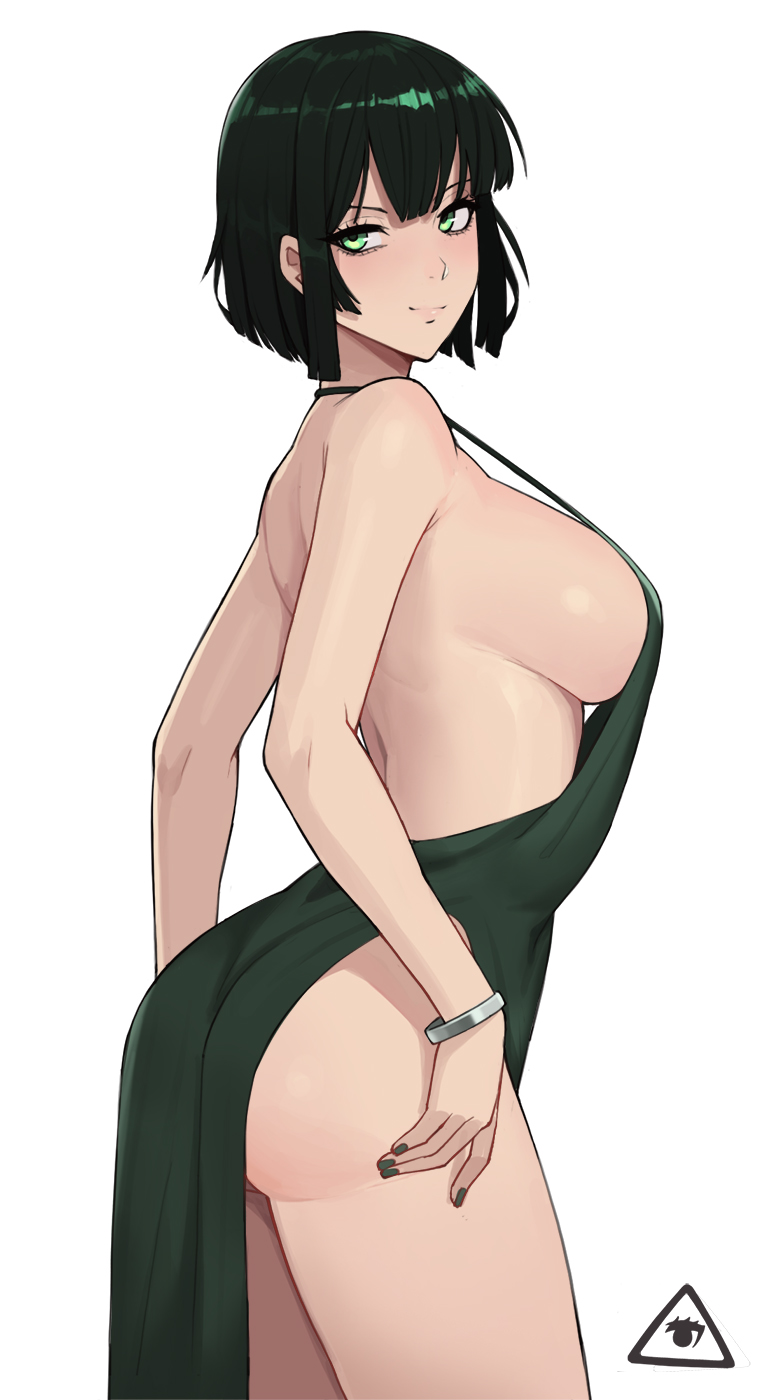1girl ass back bangs bare_shoulders blunt_bangs bracelet breasts donburi_(donburikazoku) dress evening_gown from_side fubuki_(one-punch_man) green_dress green_eyes green_hair green_nails halterneck highres jewelry large_breasts looking_at_another one-punch_man revealing_clothes short_hair sideboob smile thighs white_background