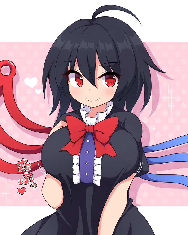 1girl ahoge asymmetrical_wings bangs black_dress black_hair bow bowtie breasts center_frills closed_mouth commentary_request dress eyebrows_visible_through_hair frills hair_between_eyes hand_on_own_chest hand_up heart houjuu_nue large_breasts letterboxed light_blush looking_at_viewer medium_hair motion_lines pink_background polka_dot polka_dot_background red_bow red_eyes red_neckwear rizento short_sleeves smile solo touhou upper_body wings