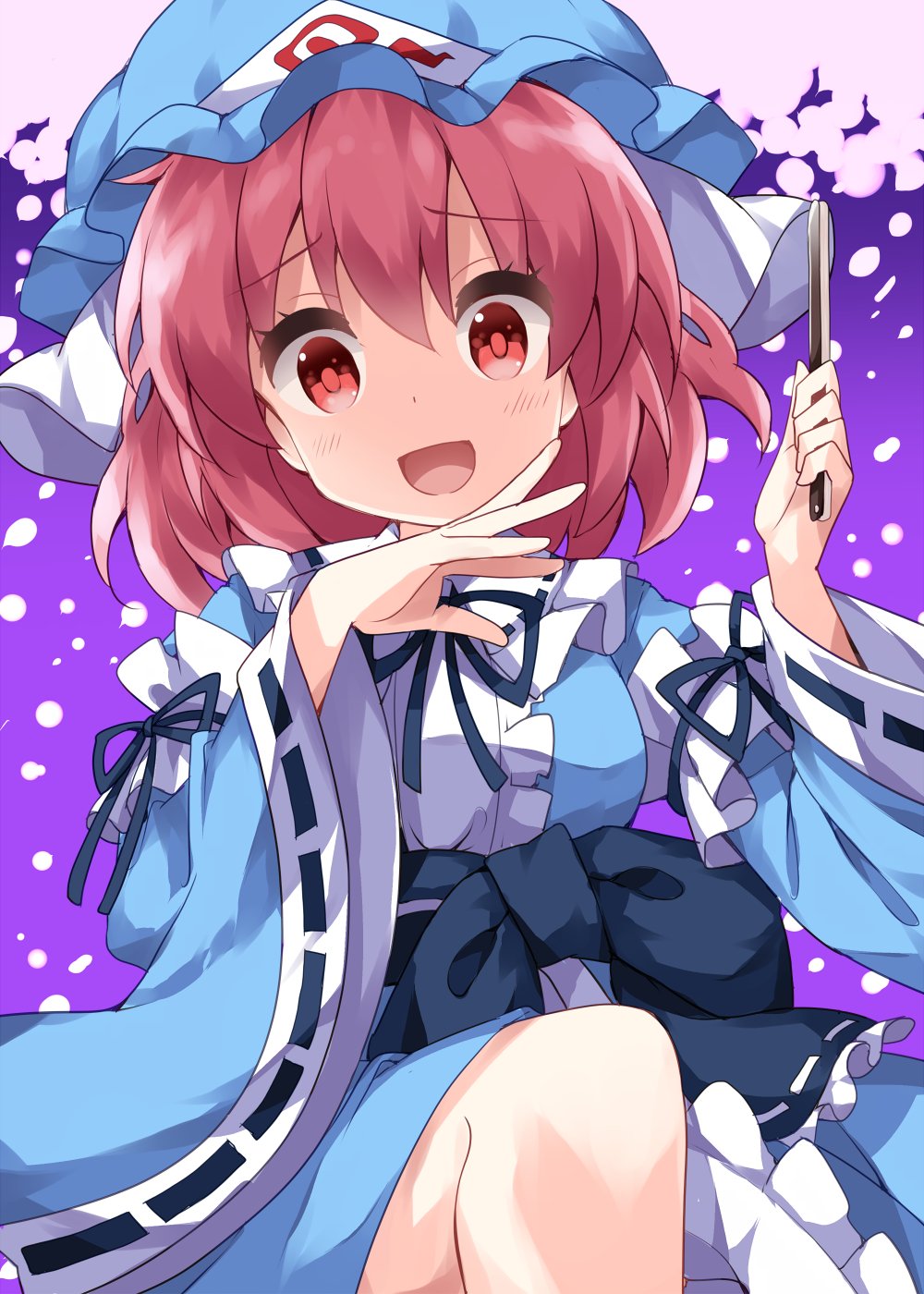 1girl :d bangs blue_headwear blue_kimono blue_neckwear blue_ribbon blurry center_frills cherry_blossoms depth_of_field eyebrows_visible_through_hair falling_petals feet_out_of_frame frills gradient gradient_background hair_between_eyes hand_up hands_up hat highres holding holding_knife japanese_clothes kimono knee_up knife looking_at_viewer mob_cap open_mouth petals pink_eyes pink_hair purple_background ribbon ruu_(tksymkw) saigyouji_yuyuko short_hair simple_background smile solo touhou wide_sleeves yandere