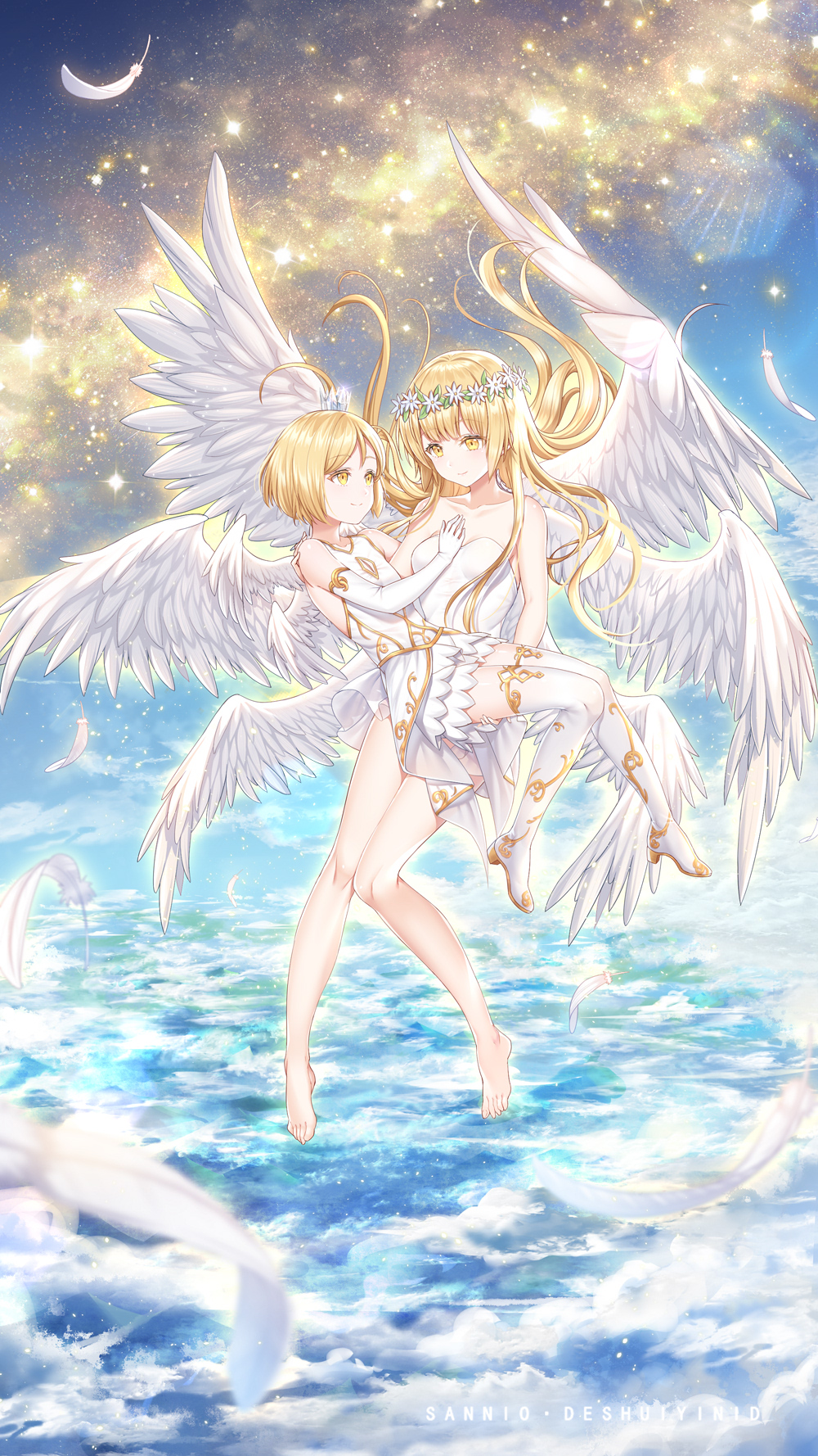 1girl angel angel_wings bare_arms bare_legs bare_shoulders barefoot blonde_hair dress feathered_wings feathers feet flying highres long_hair multiple_wings original sannio seraph short_hair skirt white_dress white_legwear white_skirt white_wings wings yellow_eyes