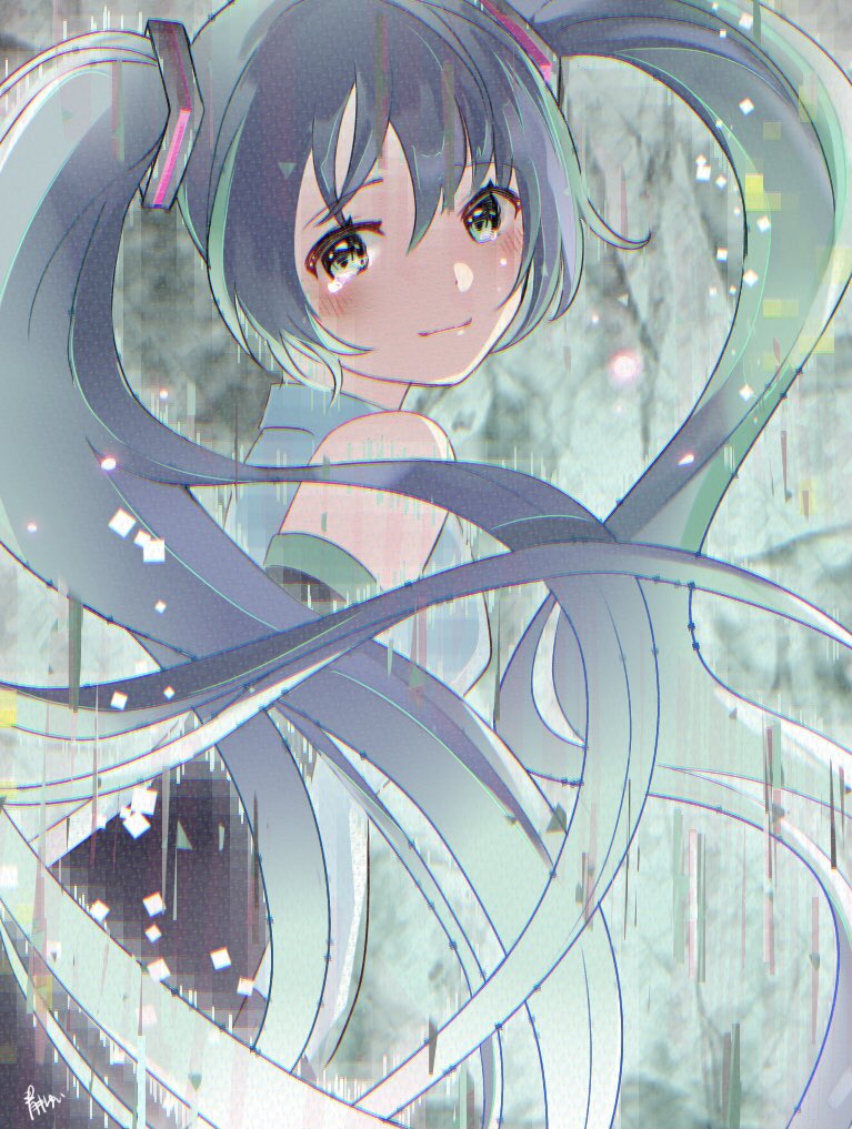 1girl aoiyui aqua_eyes aqua_hair bare_shoulders black_sleeves commentary detached_sleeves digital_dissolve from_side grey_shirt hair_ornament hatsune_miku hatsune_miku_no_shoushitsu_(vocaloid) leaning_forward light_smile long_hair looking_at_viewer looking_to_the_side shirt signature sleeveless sleeveless_shirt solo twintails upper_body very_long_hair vocaloid
